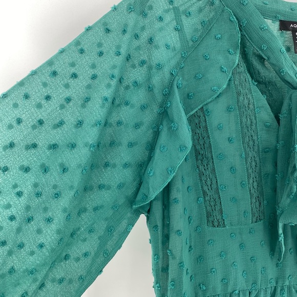 Aqua NWT Ruffle Clip Dot Mini Dress Pussy Bow Bishop Sleeves V Neck Green New - Picture 5 of 10